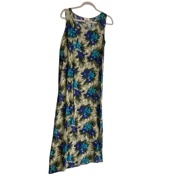 Vintage 80s Blue Green Hawaiian Floral Rayon Sheath Sundress Size Medium - Picture 3 of 15